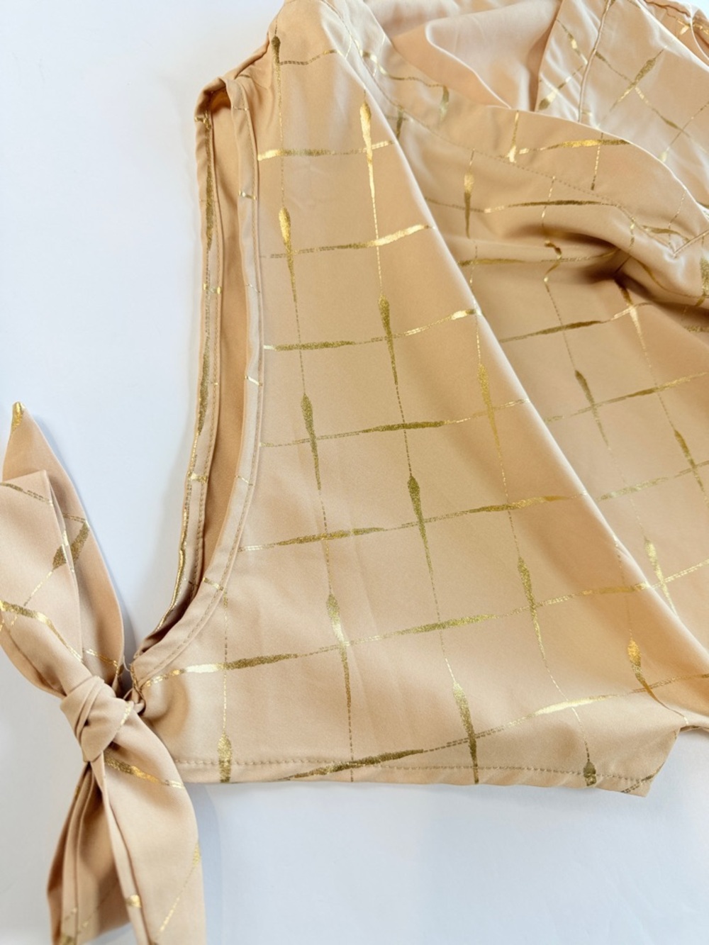 Metallic Gold Beige Grid Coldâ Shoulder Top V-Neck Tie Sleeve Blouse Med - Picture 7 of 10
